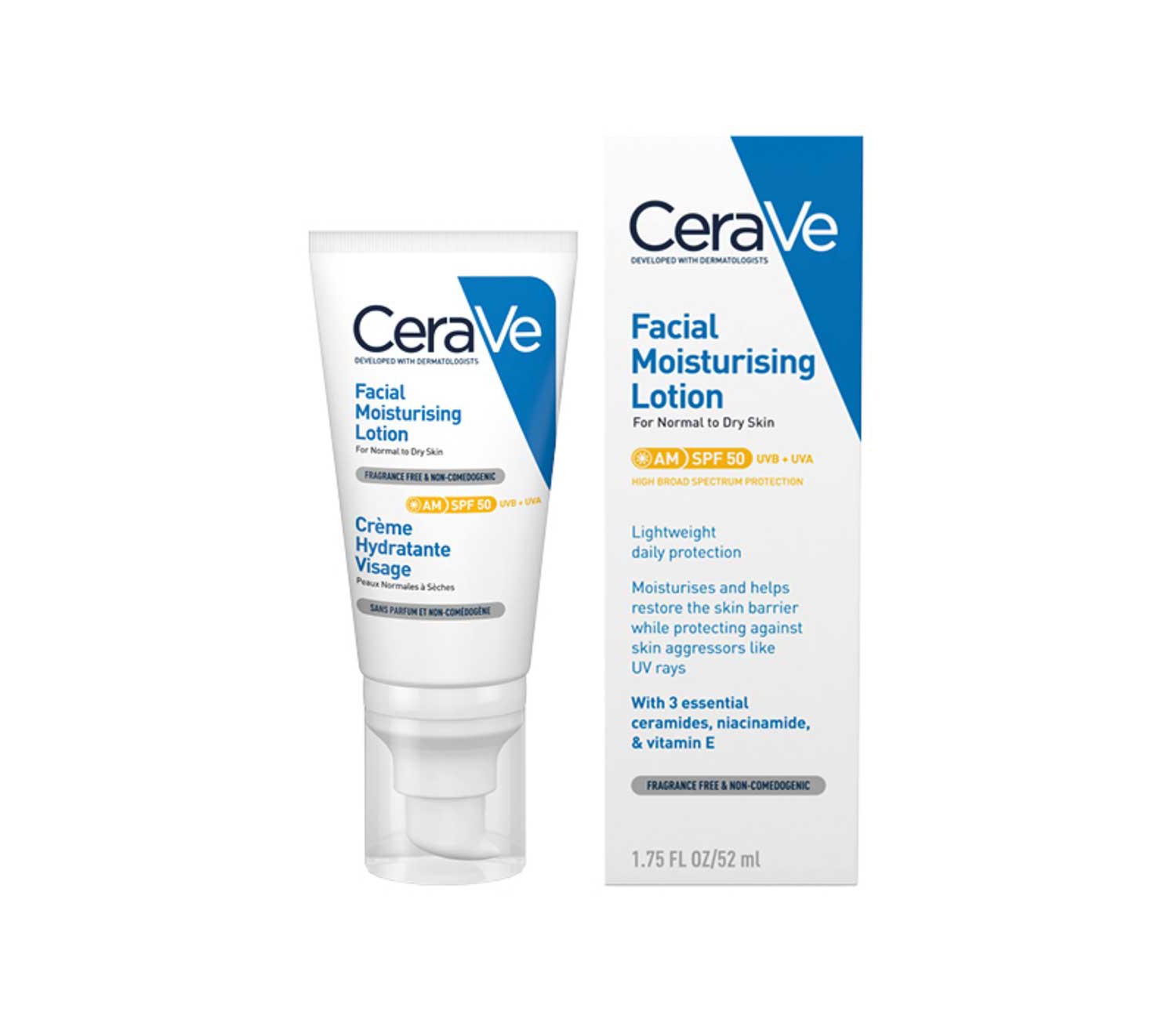 CeraVe AM Facial Moisturising Lotion SPF50 with UV Protection and 3 essential Ceramides & Vitamin E for Normal to Dry Skin 52ml
